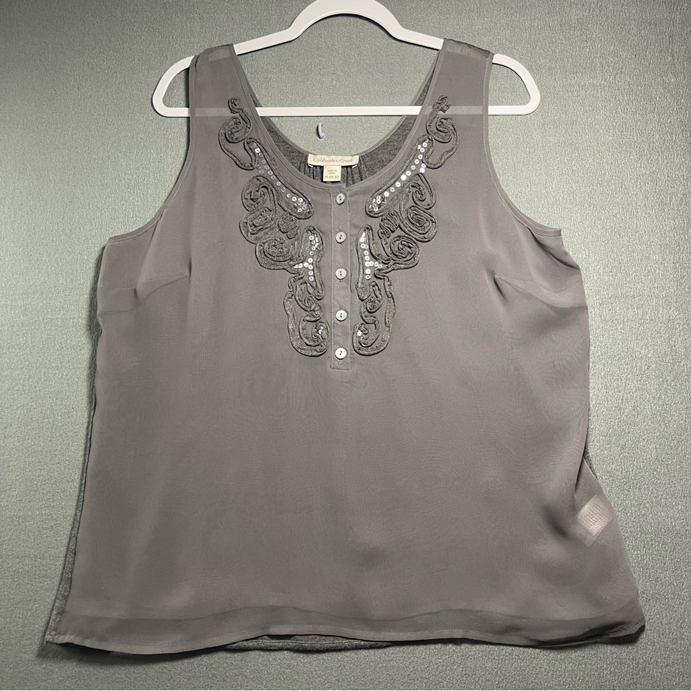 Coldwater Creek Plus Size 14/16 Gray Embroidered Sequin Tank Blouse Workwear